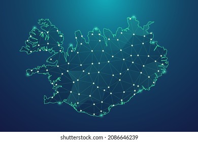 Abstrakte Mashlinie und Punktwaage auf dunklem Hintergrund mit Karte von Island. Drahtrahmen 3D-Netzlinie mit grüner Masche, Design-Kugel, Punkt und Struktur. Vektorgrafik eps10.