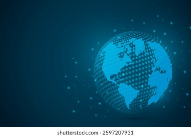 Abstract mash line and point scales on dark background with Map World representing the global. Wire frame 3D mesh polygonal network line, design sphere, dot and structure. Vector illustration eps 10.
