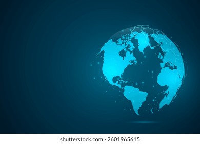 Abstract mash line and point scales on dark background with Map World representing the global. Wire frame 3D mesh polygonal network line, design sphere, dot and structure. Vector illustration eps 10.