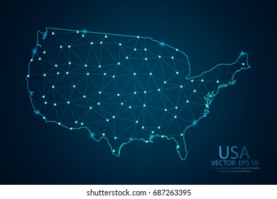 Abstract mash line and point scales on dark background with map of United States of America. Wire frame 3D mesh Usa polygonal network line, design sphere,dot and structure. Vector illustration eps 10.