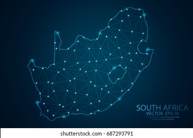 Abstract mash line and point scales on dark background with map of South africa. Wire frame 3D mesh polygonal network line, design sphere, dot and structure. Vector illustration eps 10.