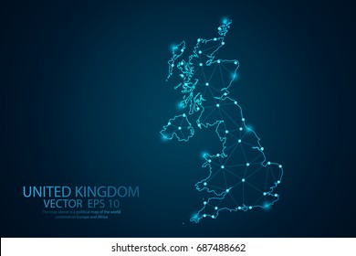 Abstract mash line and point Scales on dark background with map of United kingdom. UK Wire frame 3D mesh polygonal network line, design sphere, dot and structure. Vector illustration eps 10.