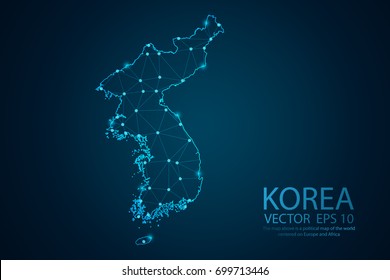 Abstract mash line and Point scales on dark background with map of Korea. Wire frame 3D mesh polygonal network line, design sphere, dot and line. Vector illustration eps 10.