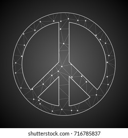 Abstract Mash Line and Point Scales on Dark Background with Peace Icon.Wire frame 3D mesh polygonal network line.Vector Illustration.
