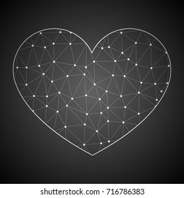 Abstract Mash Line and Point Scales on Dark Background with Heart Icon.Wireframe 3D mesh polygonal network line.Vector Illustration.