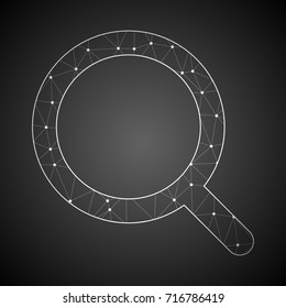 Abstract Mash Line and Point Scales on Dark Background with Magnifying Glass Icon.Wire frame 3D mesh polygonal network line.Vector Illustration.