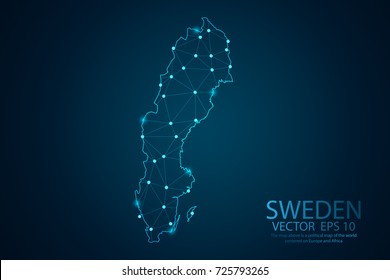 Abstract mash line and point scales on dark background with map of Sweden. Wire frame 3D mesh polygonal network line, design sphere, dot and structure. Vector illustration eps 10.