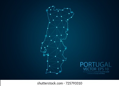 Abstract mash line and point scales on dark background with map of Portugal. Wire frame 3D mesh polygonal network line, design sphere, dot and structure. Vector illustration eps 10.