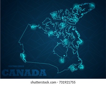 Abstract mash line and point scales on dark background with map of Canada. Wire frame 3D mesh polygonal network line, design sphere, dot and structure. Vector illustration eps 10.