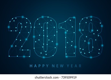 Abstract mash line and point scales on dark background with 2018 Happy New Year. Wire frame 3D mesh polygonal network line, design sphere, dot and structure. Vector illustration eps 10.