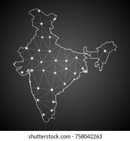 Abstract Mash Line and Point Scales on The Dark Gradient Background With Map of India. 3D Mesh Polygonal Network Connections.Vector illustration eps 10.