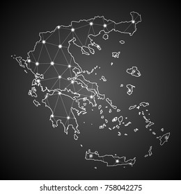 Abstract Mash Line and Point Scales on The Dark Gradient Background With Map of Greece. 3D Mesh Polygonal Network Connections.Vector illustration eps 10.