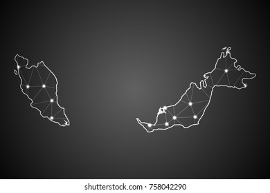 Abstract Mash Line and Point Scales on The Dark Gradient Background With Map of Malaysia. 3D Mesh Polygonal Network Connections.Vector illustration eps 10.