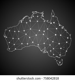Abstract Mash Line and Point Scales on The Dark Gradient Background With Map of Australia. 3D Mesh Polygonal Network Connections.Vector illustration eps 10.