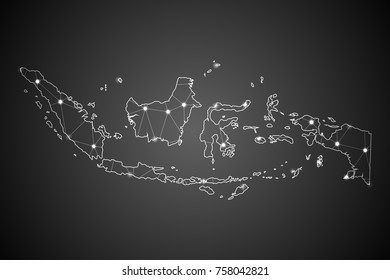 Abstract Mash Line and Point Scales on The Dark Gradient Background With Map of Indonesia. 3D Mesh Polygonal Network Connections.Vector illustration eps 10.