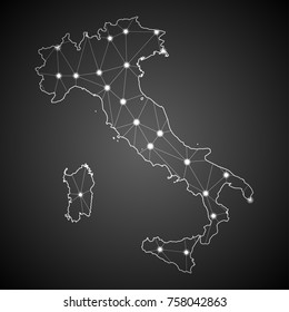 Abstract Mash Line and Point Scales on The Dark Gradient Background With Map of Italy. 3D Mesh Polygonal Network Connections.Vector illustration eps 10.