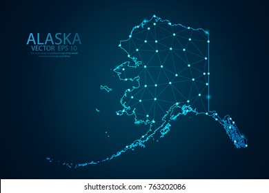 Abstract mash line and point scales on dark background with map of Alaska. Wire frame 3D mesh polygonal network line, design sphere, dot and structure. Vector illustration eps 10.