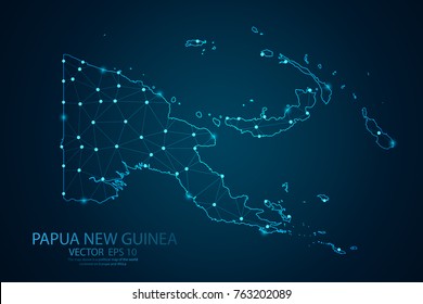 Abstract mash line and point scales on dark background with map of Papua new guinea. Wire frame 3D mesh polygonal network line, design sphere, dot and structure. Vector illustration eps 10.