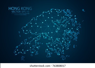 Abstract mash line and point scales On dark background with map of Hong Kong. Wire frame 3D mesh polygonal network line, design sphere, dot and structure. Vector illustration eps 10