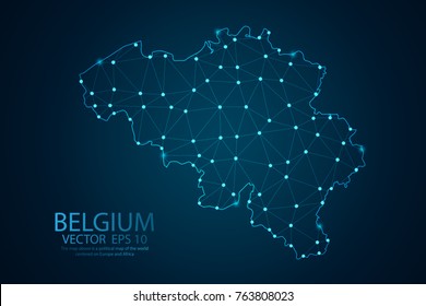 Abstract mash line and point scales on dark background with map of Belgium. Wire frame 3D mesh polygonal network line, design sphere, dot and structure. Vector illustration eps 10