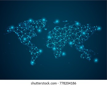 Abstract mash line and point scales on dark background with Map World. Wire frame 3D mesh polygonal network line, design sphere. Vector illustration eps 10.