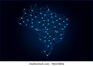 Abstract mash line and point scales on dark background with map of Brazil. Wire frame 3D mesh polygonal network line, design sphere, dot and structure. Vector illustration eps 10.