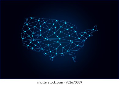 Abstract mash line and point scales on dark background with map of United States of America. Wire frame 3D mesh polygonal network line, design sphere, dot and structure. Vector illustration eps 10.