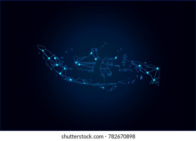 Abstract mash line and point scales on dark background with map of Indonesia. Wire frame 3D mesh polygonal network line, design sphere, dot and structure. Vector illustration eps 10.