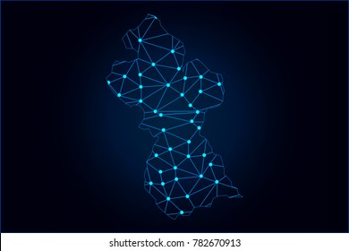 Abstract mash line and point scales on dark background with map of Guyana. Wire frame 3D mesh polygonal network line, design sphere, dot and structure. Vector illustration eps 10.