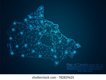 Abstract Mash Line And Point Scales On Dark Background With Map Of Canada.3D Mesh Polygonal Network Line, Design Sphere, Dot And Structure. Vector Illustration Eps 10.