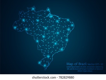 Abstract Mash Line And Point Scales On Dark Background With Map Of Brazil.3D Mesh Polygonal Network Line, Design Sphere, Dot And Structure. Vector Illustration Eps 10.