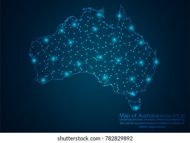 Abstract mash line and point scales on dark background with map of Australia.3D mesh polygonal network line, design sphere, dot and structure. Vector illustration eps 10.