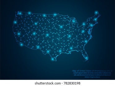 Abstract mash line and point scales on dark background with map of United States of America.3D mesh polygonal network line, design sphere, dot and structure. Vector illustration eps 10.