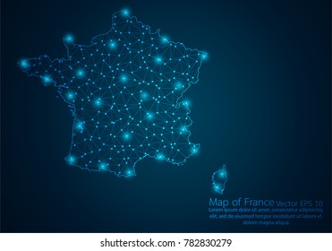 Abstract mash line and point scales on dark background with map of France.3D mesh polygonal network line, design sphere, dot and structure. Vector illustration eps 10.