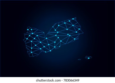 Abstract mash line and point scales on dark background with map of Yemen. Wire frame 3D mesh polygonal network line, design sphere, dot and structure. Vector illustration eps 10.