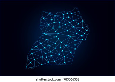 Abstract mash line and point scales on dark background with map of Uganda. Wire frame 3D mesh polygonal network line, design sphere, dot and structure. Vector illustration eps 10.