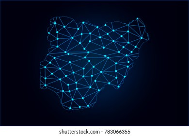 Abstract mash line and point scales on dark background with map of Nigeria. Wire frame 3D mesh polygonal network line, design sphere, dot and structure. Vector illustration eps 10.