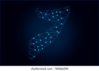 Abstract mash line and point scales on dark background with map of Somalia. Wire frame 3D mesh polygonal network line, design sphere, dot and structure. Vector illustration eps 10.