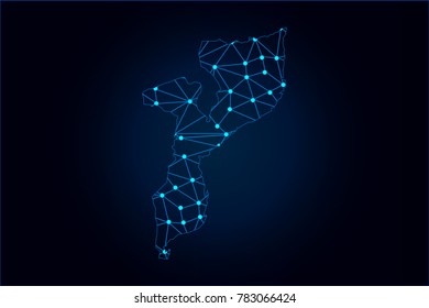 Abstract mash line and point scales on dark background with map of Mozambique. Wire frame 3D mesh polygonal network line, design sphere, dot and structure. Vector illustration eps 10.