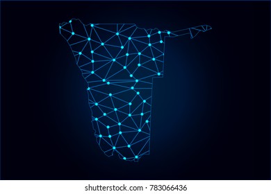 Abstract mash line and point scales on dark background with map of Namibia. Wire frame 3D mesh polygonal network line, design sphere, dot and structure. Vector illustration eps 10.