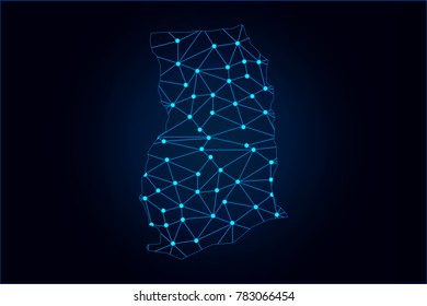 Abstract mash line and point scales on dark background with map of Ghana. Wire frame 3D mesh polygonal network line, design sphere, dot and structure. Vector illustration eps 10.