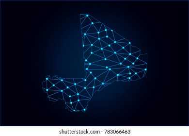 Abstract mash line and point scales on dark background with map of Mali. Wire frame 3D mesh polygonal network line, design sphere, dot and structure. Vector illustration eps 10.
