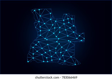 Abstract mash line and point scales on dark background with map of Angola. Wire frame 3D mesh polygonal network line, design sphere, dot and structure. Vector illustration eps 10.