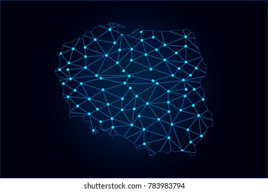 Abstract mash line and point scales on dark background with map of Poland. Wire frame 3D mesh polygonal network line, design sphere, dot and structure. Vector illustration eps 10.