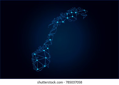 Abstract mash line and point scales on dark background with map of Norway. Wire frame 3D mesh polygonal network line, design sphere, dot and structure. Vector illustration eps 10.