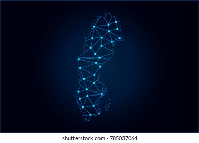 Abstract mash line and point scales on dark background with map of Sweden. Wire frame 3D mesh polygonal network line, design sphere, dot and structure. Vector illustration eps 10.