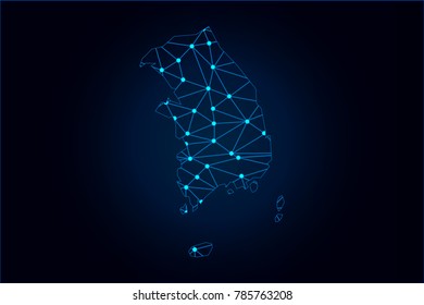Abstract mash line and point scales on dark background with map of South Korea. Wire frame 3D mesh polygonal network line, design sphere, dot and structure. Vector illustration eps 10.
