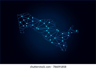 Abstract mash line and point scales on dark background with map of Uzbekistan. Wire frame 3D mesh polygonal network line, design sphere, dot and structure. Vector illustration eps 10.