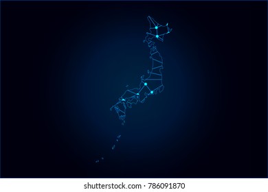 Abstract mash line and point scales on dark background with map of Japan. Wire frame 3D mesh polygonal network line, design sphere, dot and structure. Vector illustration eps 10.