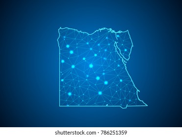 Abstract mash line and point scales on dark background with Map of egypt. Wire frame 3D mesh polygonal network line, design sphere, dot and structure. communications map of egypt. Vector illustration